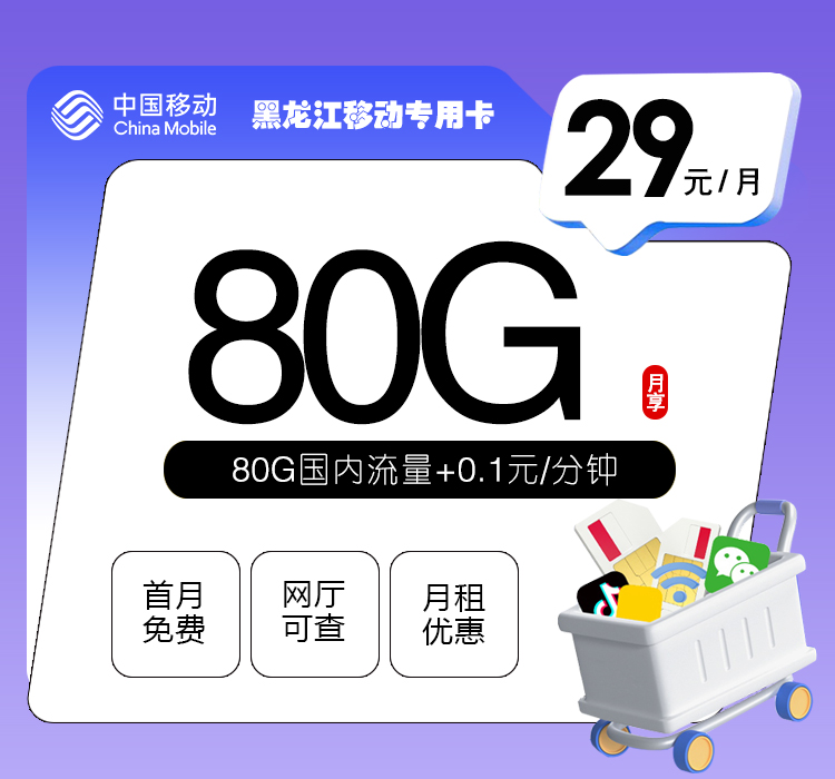 172号卡推荐：黑龙江移动专用卡【29元80G流量】