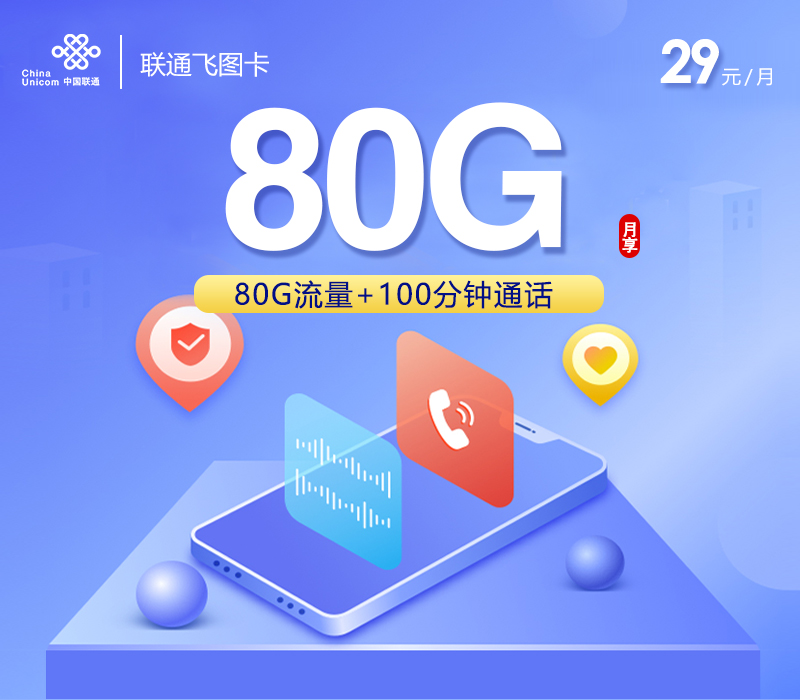 172号卡推荐：联通飞图卡【29元80G流量+100分钟】